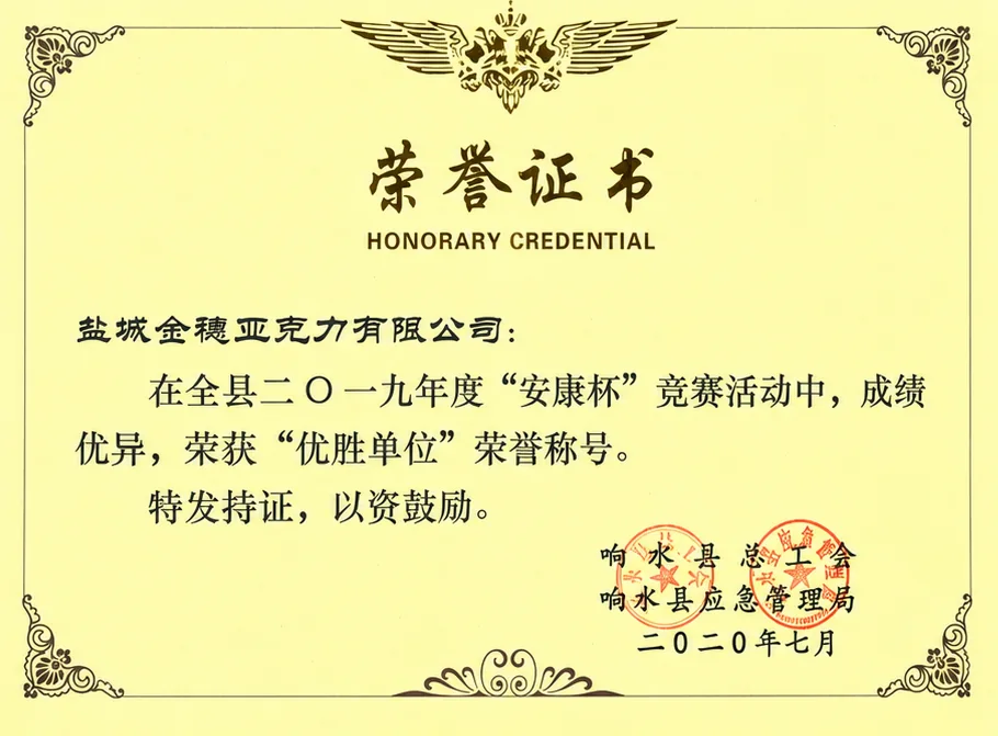 2019 Ankang Cup winning-unit recognition, awarded July 2020